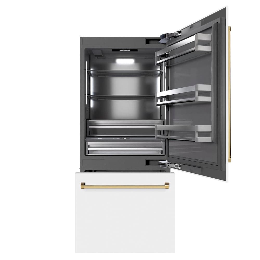 Autograph Edition 36 In. 19.8 Cu. Ft. Built-in Bottom Freezer Refrigerator With Water Dispenser And Ice Maker In White Matte With Graphite Gray Interior And Polished Gold Accents