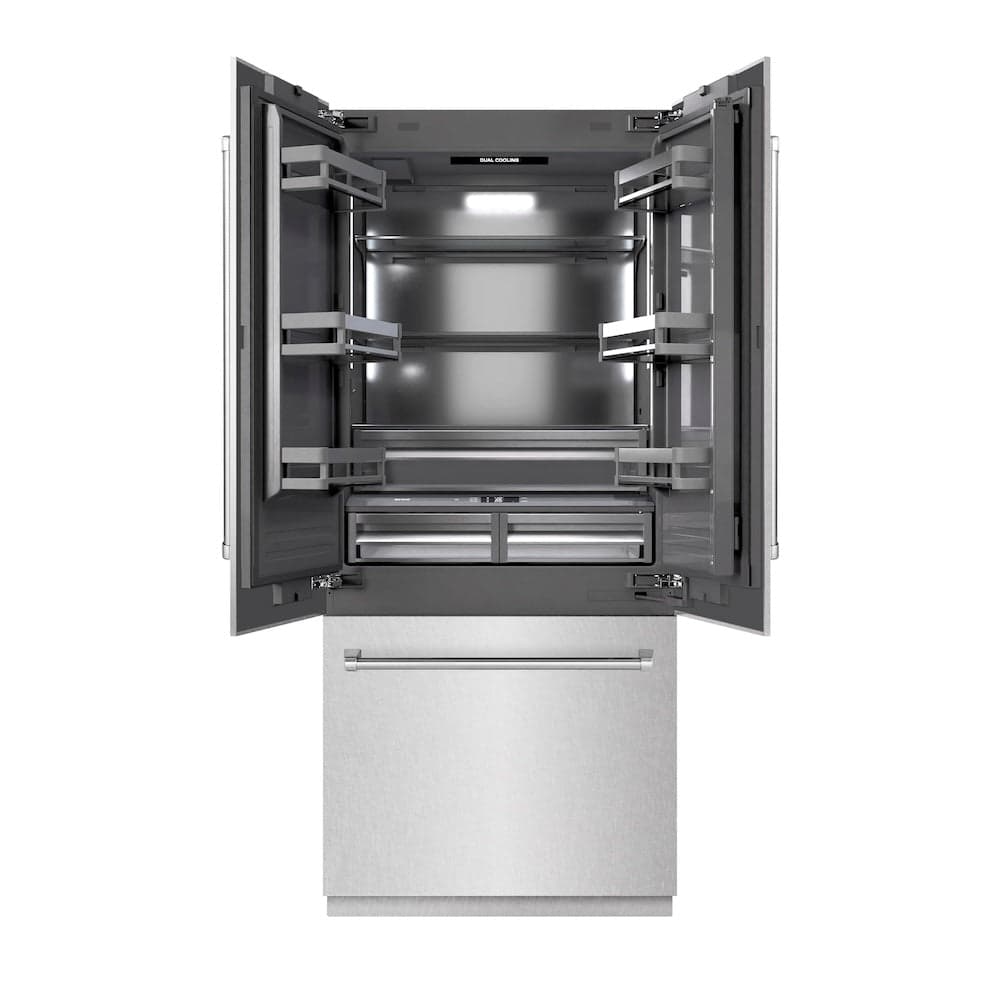 36 In. 19.6 Cu. Ft. French Door Built-in Bottom Freezer Refrigerator With Water Dispenser And Ice Maker In Satin Stainless Steel With Graphite Gray Interior