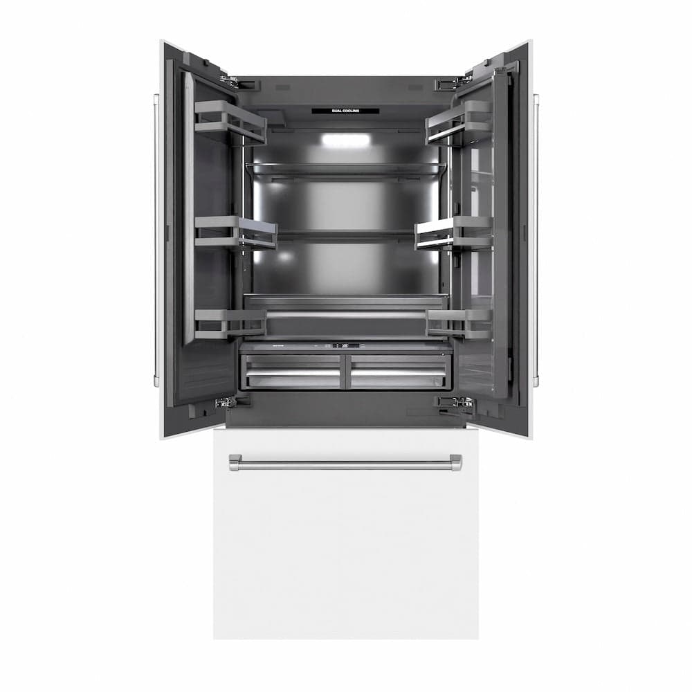 36 In. 19.6 Cu. Ft. French Door Built-in Bottom Freezer Refrigerator With Water Dispenser And Ice Maker In White Matte With Graphite Gray Interior