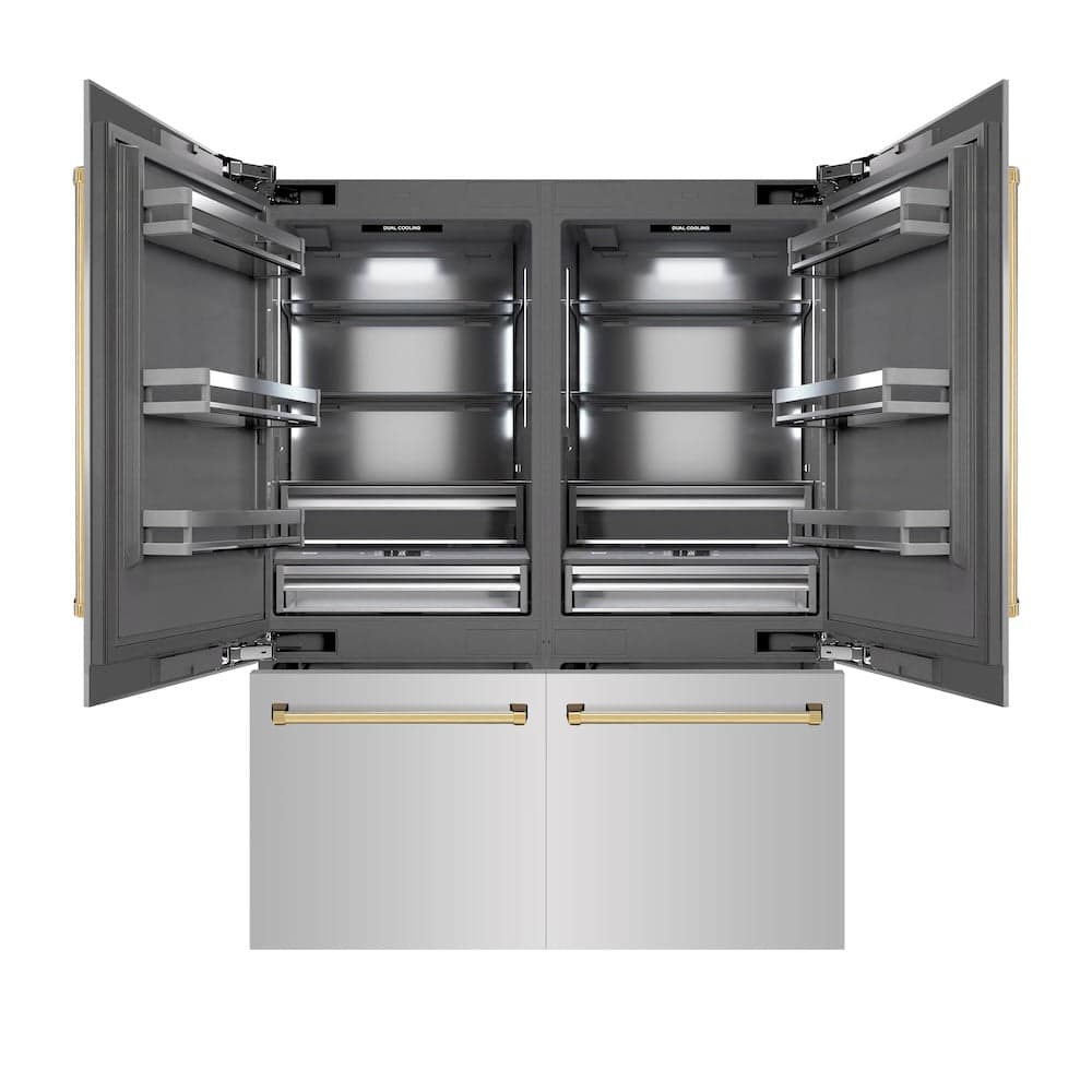 ZLINE Autograph Edition 60 in. 32.2 cu. ft. French Door Built-In Bottom Freezer Refrigerator with Water Dispenser and Ice Maker in Stainless Steel with Graphite Gray Interior and Polished Gold Accents (GRBIVZ-304-60G)