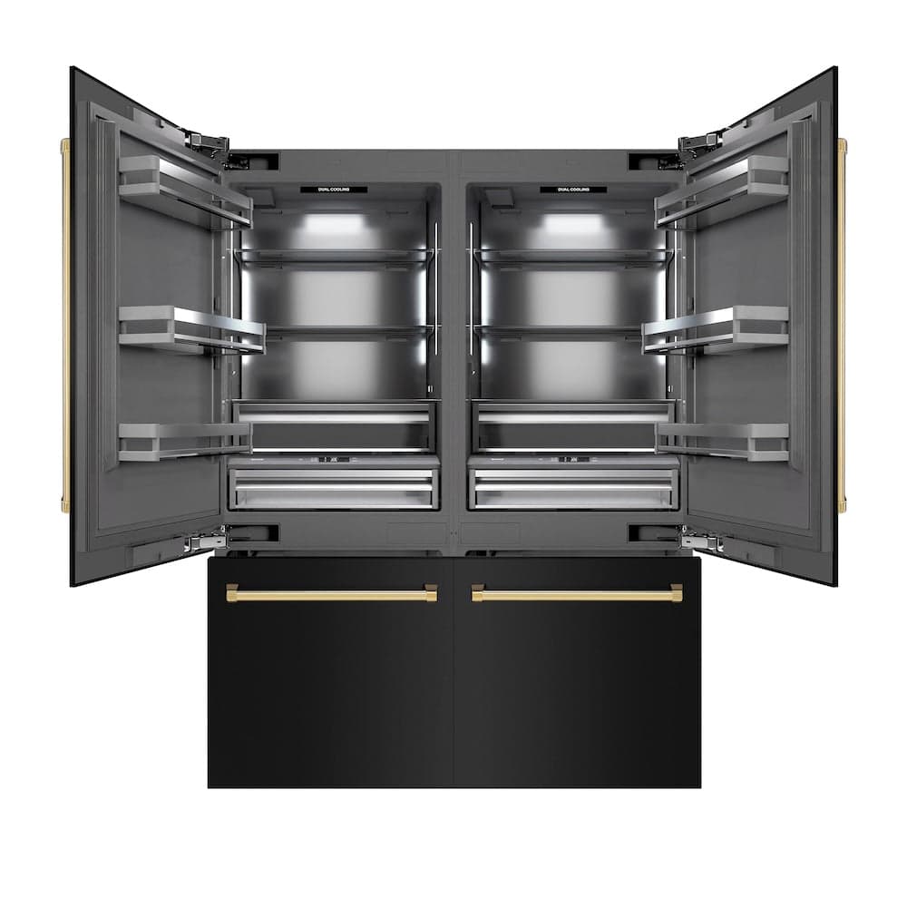 ZLINE Autograph Edition 60 in. 32.2 cu. ft. French Door Built-In Bottom Freezer Refrigerator with Water Dispenser and Ice Maker in Black Stainless Steel with Graphite Gray Interior and Polished Gold Accents (GRBIVZ-BS-60-G)