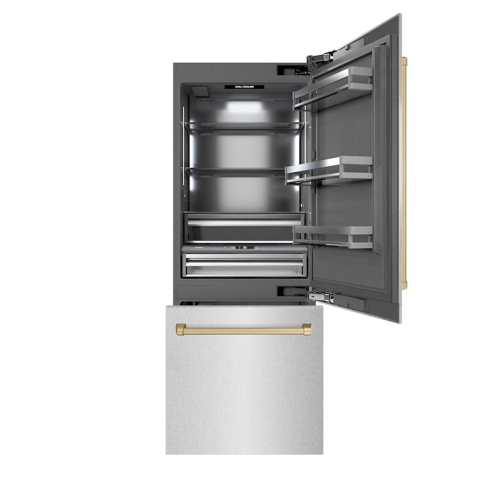 Autograph Edition 30 In. 16.1 Cu. Ft. Built-in Bottom Freezer Refrigerator With Water Dispenser And Ice Maker In Satin Stainless Steel With Graphite Gray Interior And Champagne Bronze Accents