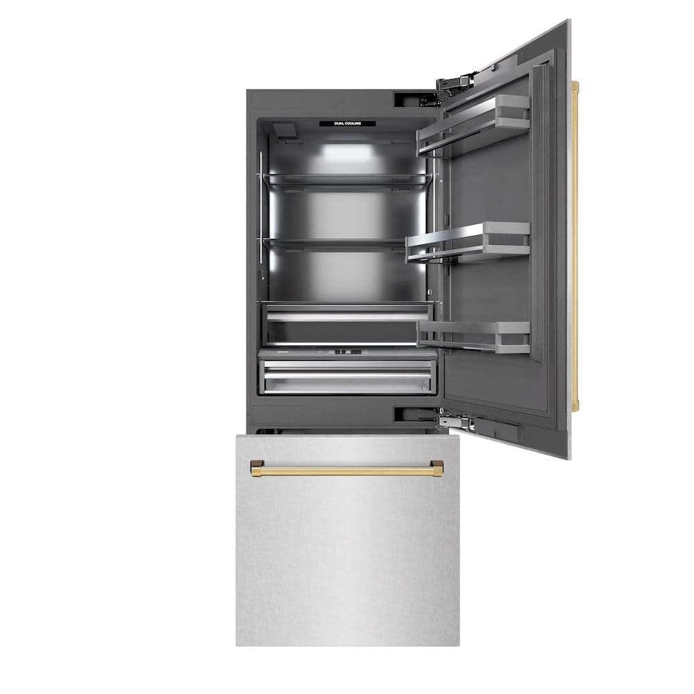 Autograph Edition 30 In. 16.1 Cu. Ft. Built-in Bottom Freezer Refrigerator With Water Dispenser And Ice Maker In Satin Stainless Steel With Graphite Gray Interior And Polished Gold Accents