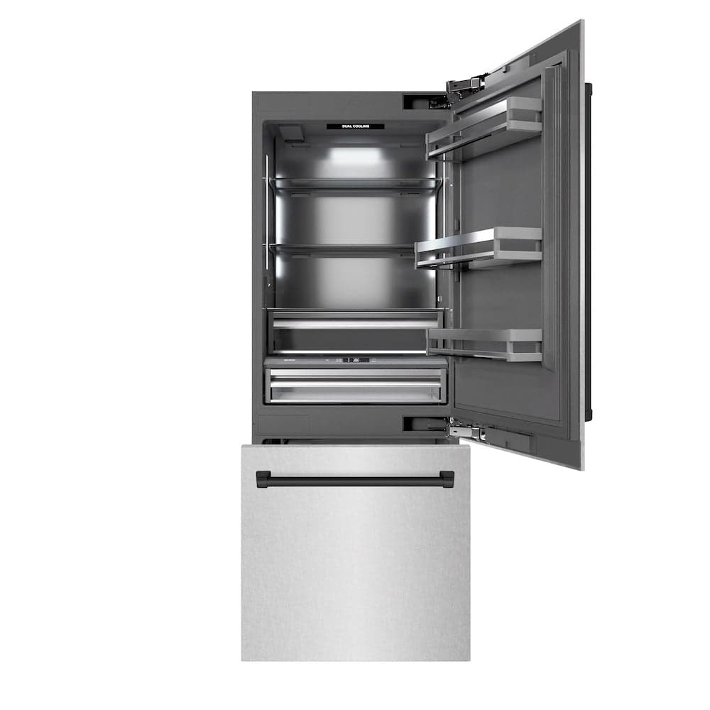 Autograph Edition 30 In. 16.1 Cu. Ft. Built-in Bottom Freezer Refrigerator With Water Dispenser And Ice Maker In Satin Stainless Steel With Graphite Gray Interior And Matte Black Accents