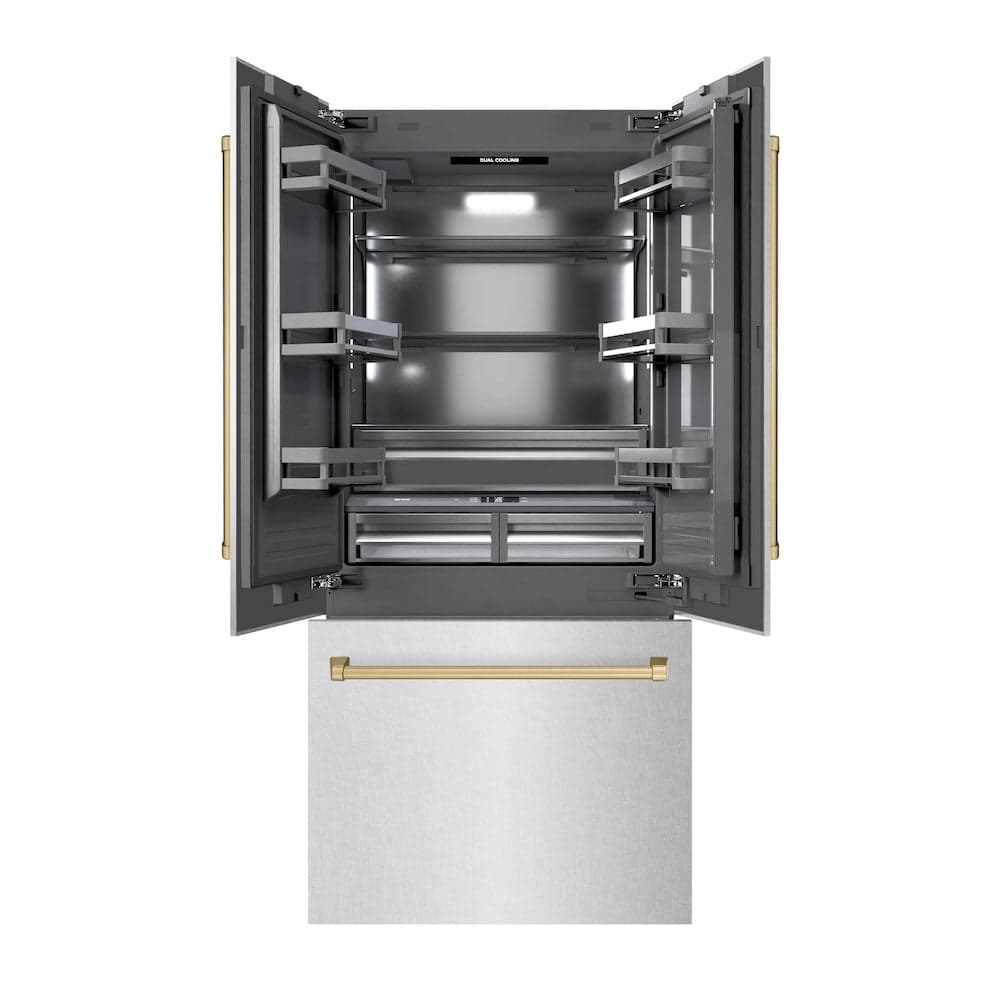 Autograph Edition 36 In. 19.6 Cu. Ft. French Door Built-in Bottom Freezer Refrigerator With Water Dispenser And Ice Maker In Satin Stainless Steel With Graphite Gray Interior And Champagne Bronze Accents