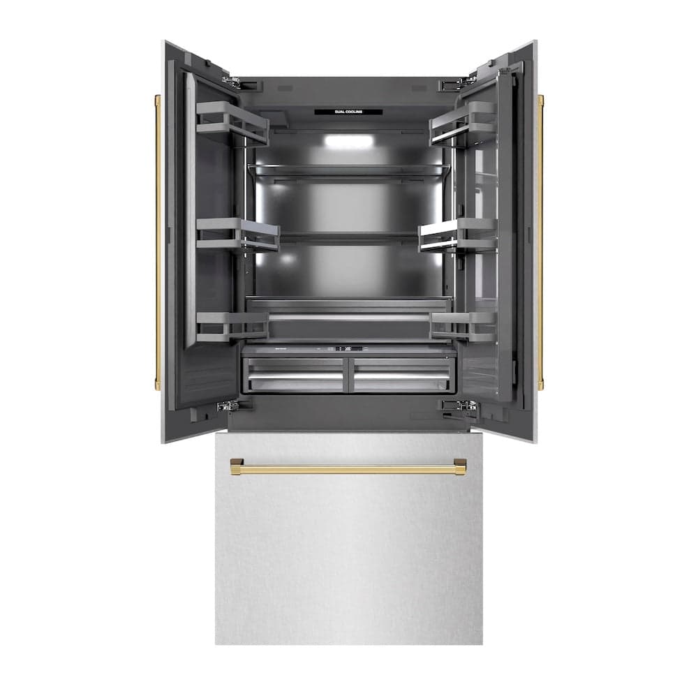 Autograph Edition 36 In. 19.6 Cu. Ft. French Door Built-in Bottom Freezer Refrigerator With Water Dispenser And Ice Maker In Satin Stainless Steel With Graphite Gray Interior And Polished Gold Accents