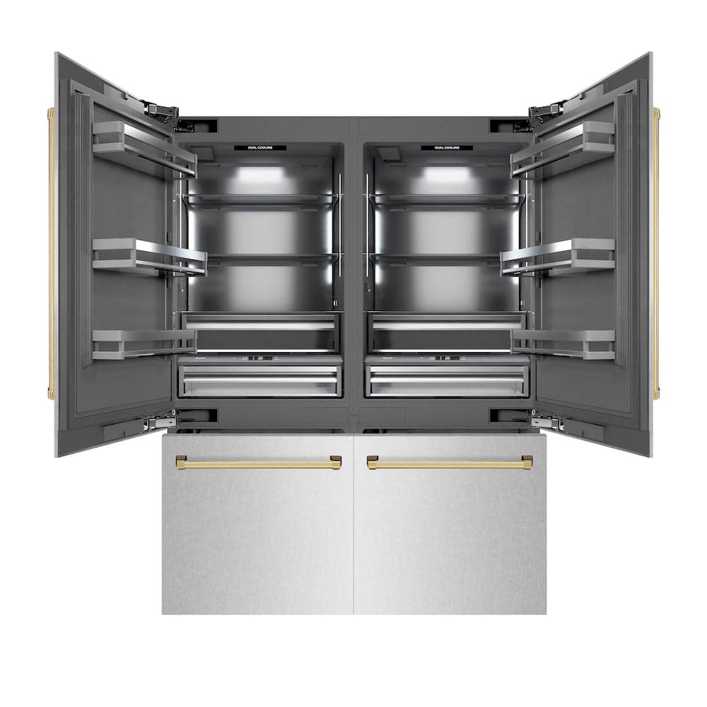 Autograph Edition 60 In. 32.2 Cu. Ft. French Door Built-in Bottom Freezer Refrigerator With Water Dispenser And Ice Maker In Satin Stainless Steel With Graphite Gray Interior And Polished Gold Accents