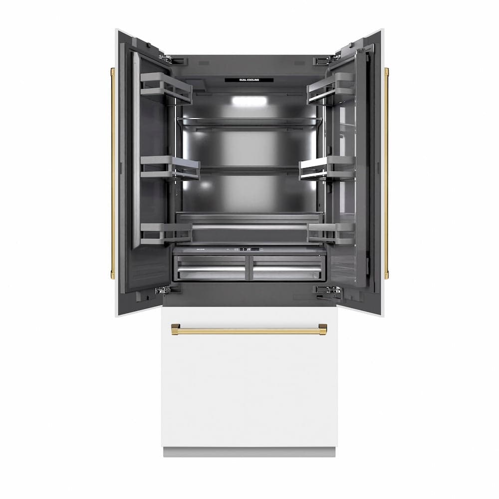 Autograph Edition 36 In. 19.6 Cu. Ft. French Door Built-in Bottom Freezer Refrigerator With Water Dispenser And Ice Maker In White Matte With Graphite Gray Interior And Polished Gold Accents
