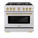 ZLINE Autograph Edition 36 in. 5.2 cu. ft. Select Dual Fuel Range with 6 Burner Gas Cooktop and Electric Convection Oven in DuraSnow® Stainless Steel with Polished Gold Accents (HDRSZ-36-G) view 4