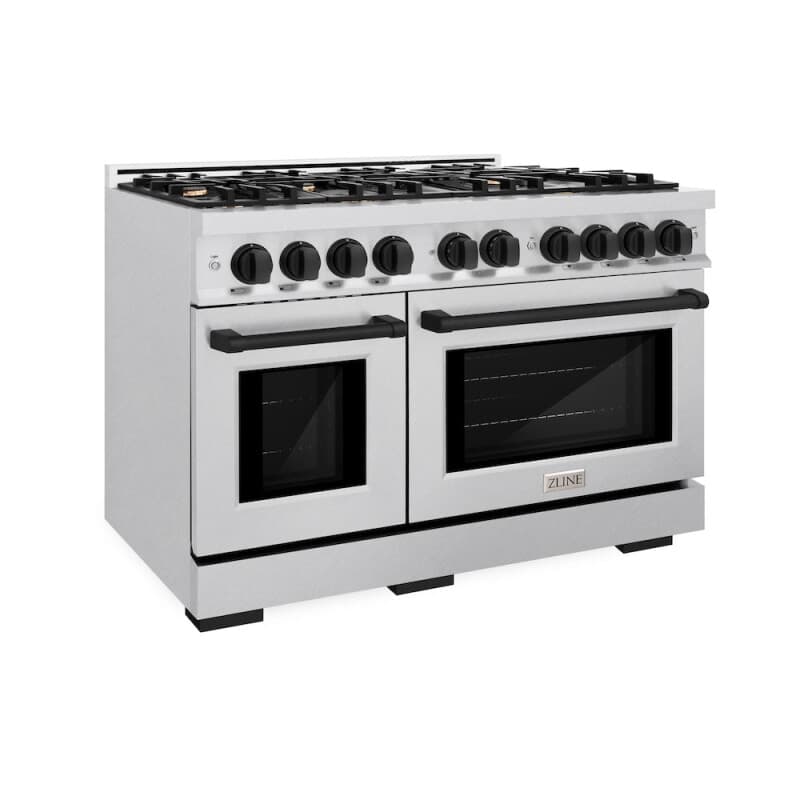 ZLINE Autograph Edition 48 in. 6.7 cu. ft. Select Double Oven Dual Fuel Range with 8 Burner Gas Cooktop in DuraSnow® Stainless Steel and Matte Black Accents (HDRSZ-48-MB)