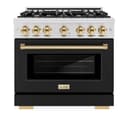 ZLINE Autograph Edition 36 in. 5.2 cu. ft. Select Dual Fuel Range with 6 Burner Gas Cooktop and Electric Convection Oven in DuraSnow® Stainless Steel with Black Matte Door and Polished Gold Accents (HDRSZ-BLM-36-G) view 4
