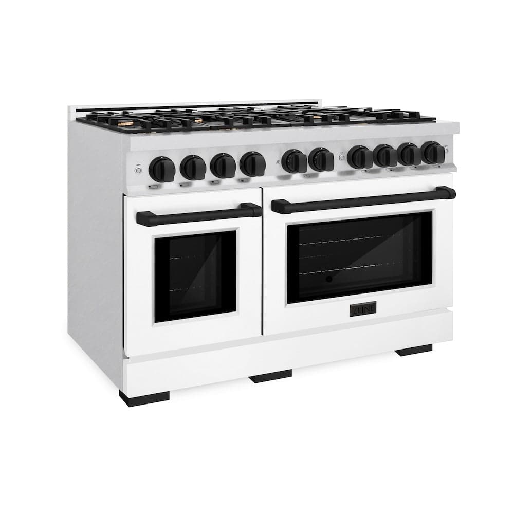 ZLINE Autograph Edition 48 in. 6.7 cu. ft. Select Double Oven Dual Fuel Range with 8 Burner Gas Cooktop in DuraSnow® Stainless Steel with White Matte Doors and Matte Black Accents (HDRSZ-WM-48-MB)