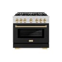 ZLINE Autograph Edition 36 in. 5.2 cu. ft. Select Dual Fuel Range with 6 Burner Gas Cooktop and Electric Convection Oven in Stainless Steel with Black Matte Door and Polished Gold Accents (HDRZ-BLM-36-G) view 2