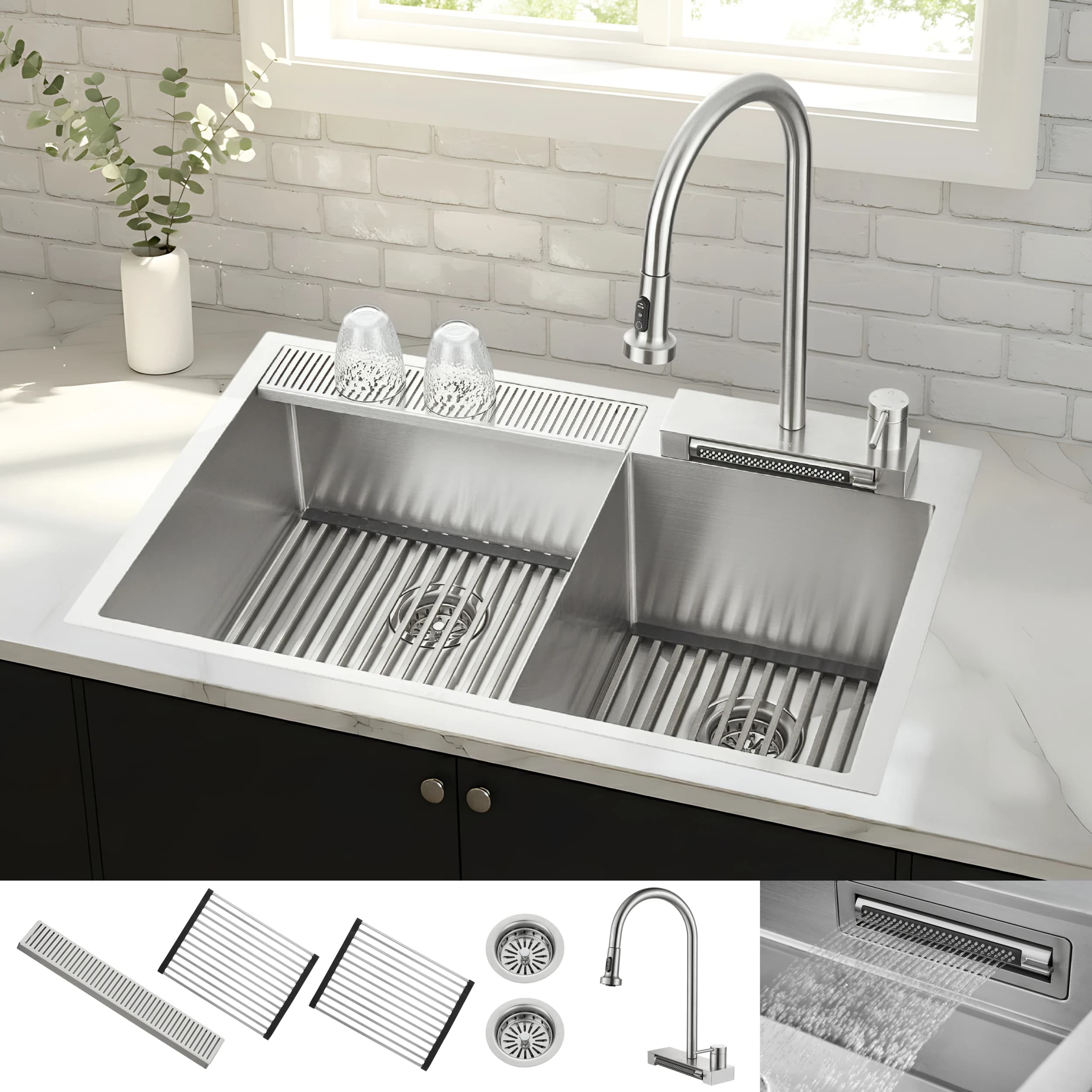 ACQUA 33 in. Drop-In/Undermount 40/60 Double Bowl Stainless Steel Sink with Waterfall Faucet