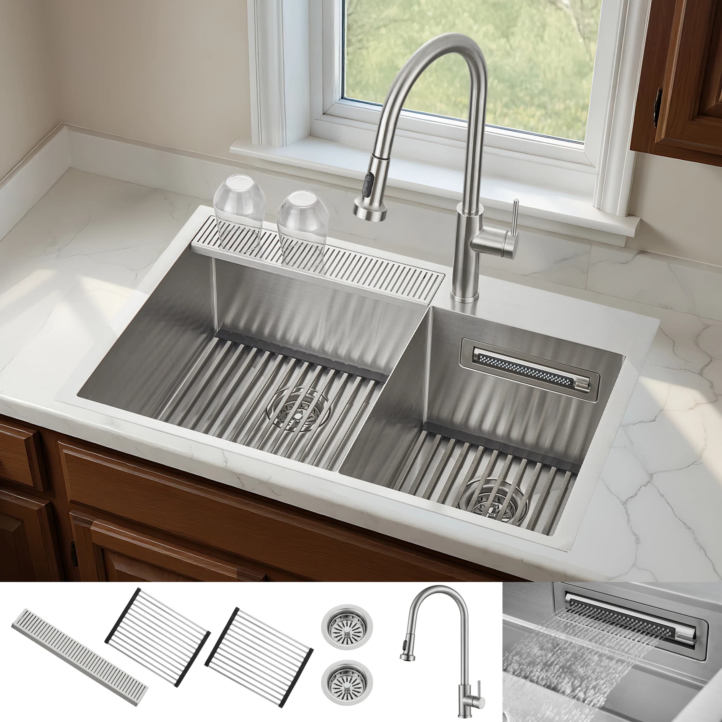 ACQUA 33 in. Drop-In/Undermount 40/60 Double Bowl Sink with Retractable Faucet & Waterfall