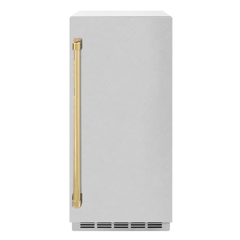 ZLINE Autograph Edition 15 in. Touchstone Gourmet Ice Maker with Drain Pump and Satin Stainless Steel Door with Polished Gold Handle (IGMDZ-SN-15-G)