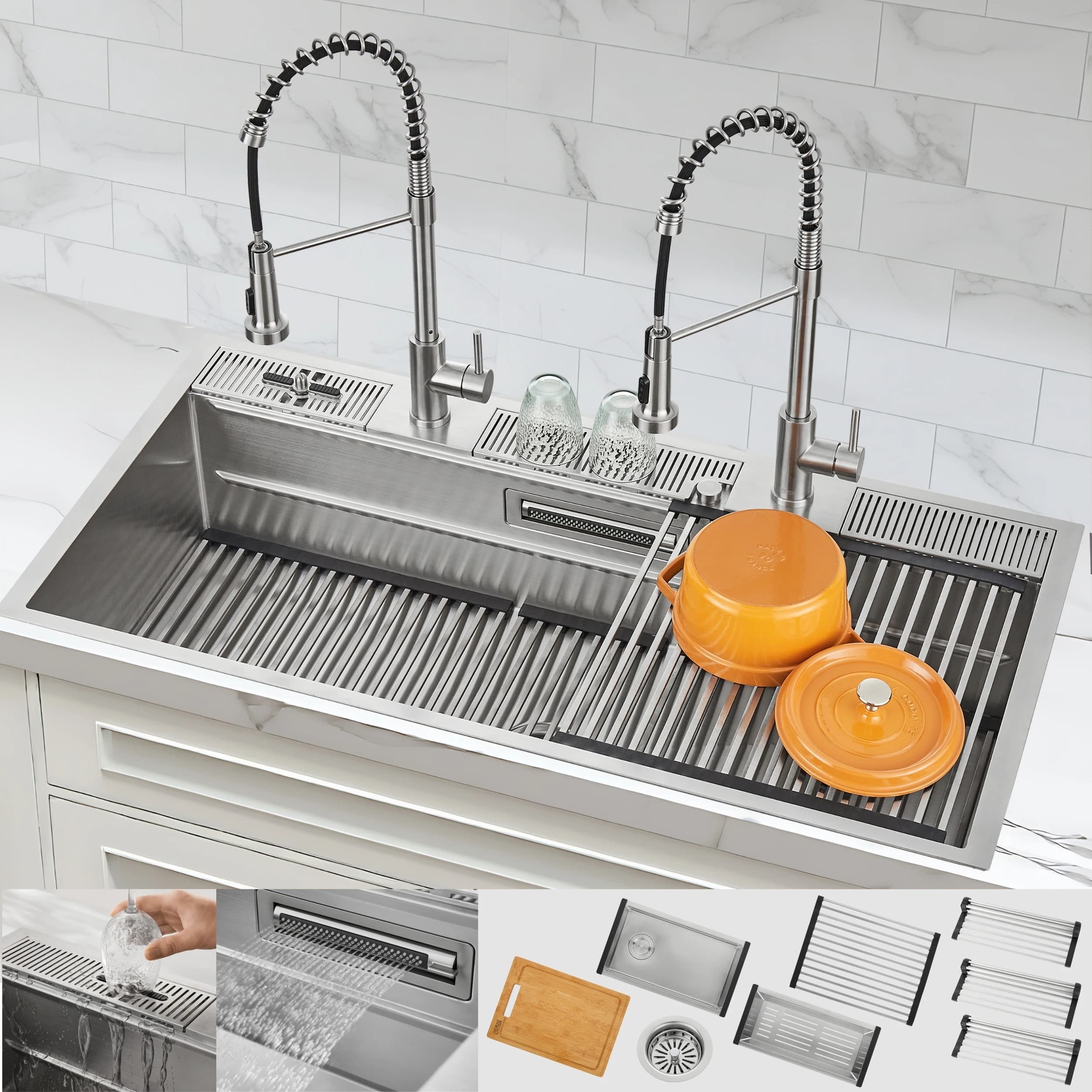 ACQUA 45 in. Drop-In/Undermount 3-Level Workstation Sink with Two Faucets & Glass Rinser