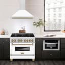 36in. Autograph Edition Convertible Fingerprint Resistant DuraSnow Stainless Steel Range Hood with White Matte Shell and Champagne Bronze Handle view 2