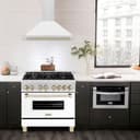 36in. Autograph Edition Convertible Fingerprint Resistant DuraSnow Stainless Steel Range Hood with White Matte Shell and Polished Polished Gold Handle view 2