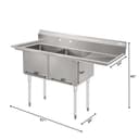 57 in. 16-Gauge 2-Compartment Commercial Sink with 18 in. Right drainboard, Bowl Dimensions 18"x18"x14" in Stainless-Steel view 3