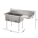 63 in. 18-Gauge 2-Compartment Commercial Sink with Backsplash and 24 in. Right Drainboard, Bowl dimensions 18"x24"x14" in Stainless-Steel view 3