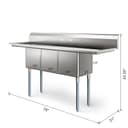 75 in Three Compartment Commercial Sink, Bowl Size 15x15x14, 18 Gauge Stainless-Steel with 2 Drainboards view 3