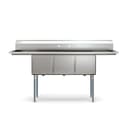75 in Three Compartment Commercial Sink, Bowl Size 15x15x14, 16 Gauge Stainless-Steel with 2 Drainboards view 2