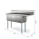 63 in. Three Compartment Commercial Sink, Bowl Size 15x15x14, 18-Gauge Stainless-Steel with Right Drainboard view 4