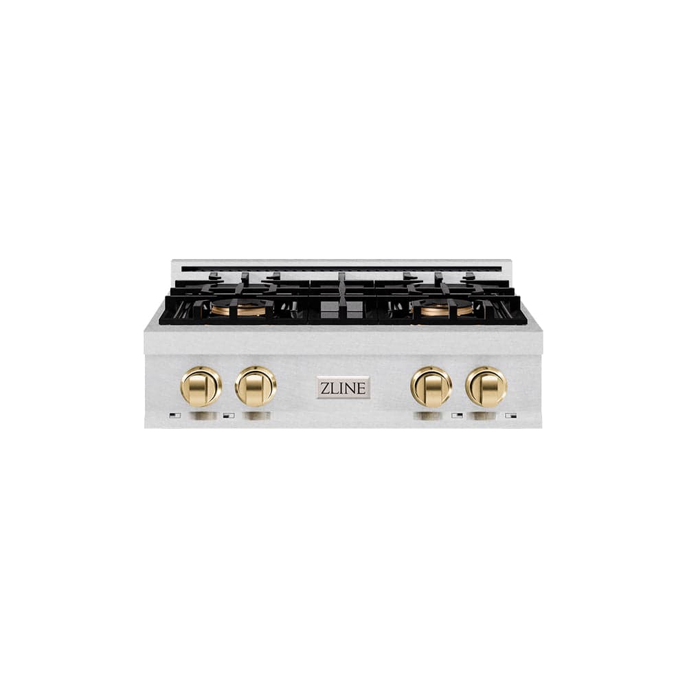 ZLINE Autograph Edition 30 in. Classic Gas Rangetop with 4 Burner DuoPro™ Cooktop in Satin Stainless Steel and Polished Gold Accents (PCRTSZ-30-G)