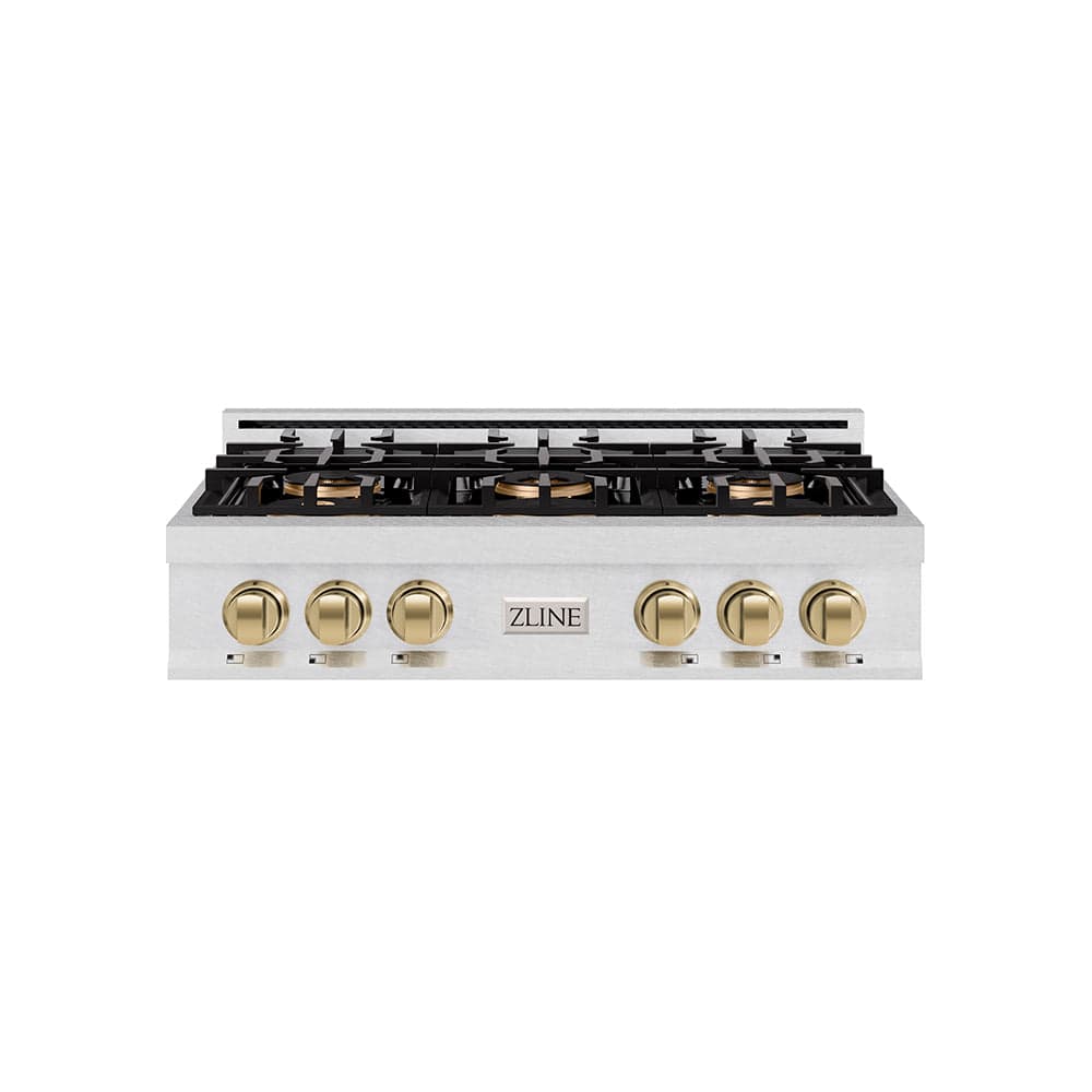 ZLINE Autograph Edition 36 in. Classic Gas Rangetop with 6 Burner DuoPro™ Cooktop in Satin Stainless Steel and Champagne Bronze Accents (PCRTSZ-36-CB)