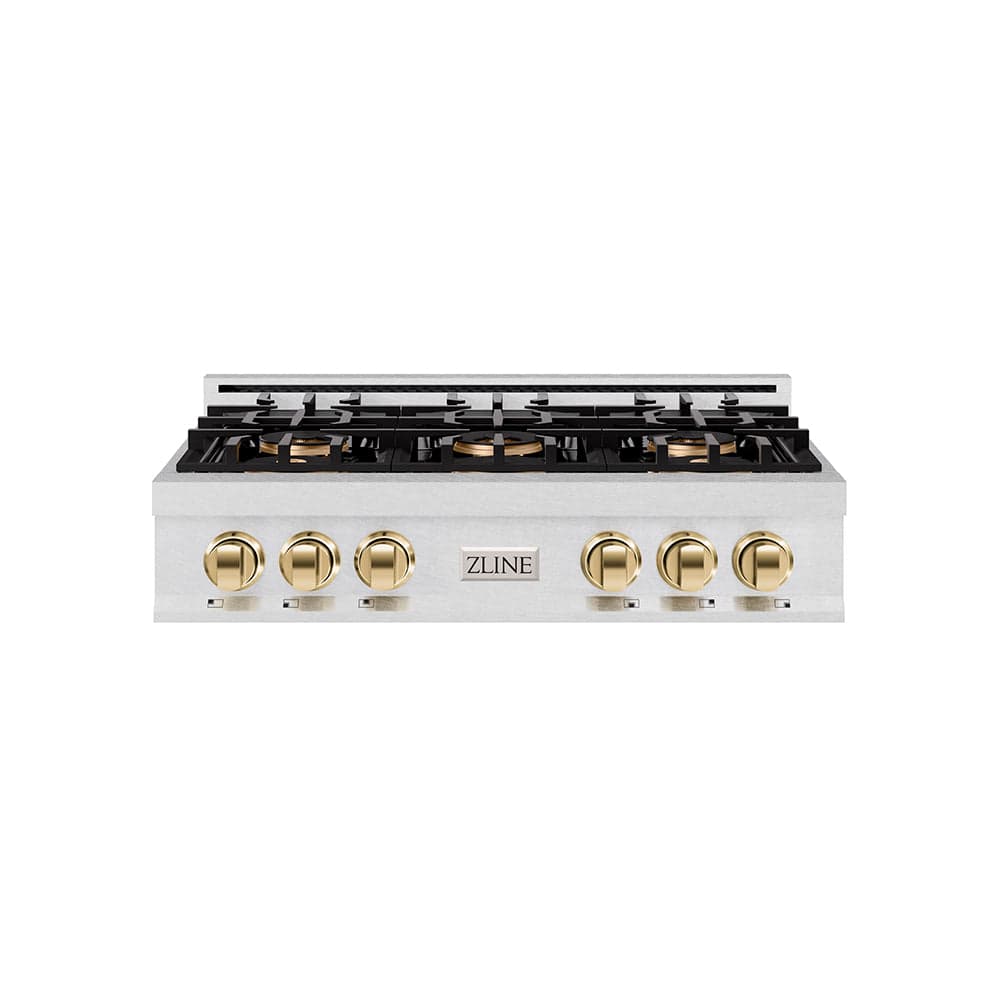 ZLINE Autograph Edition 36 in. Classic Gas Rangetop with 6 Burner DuoPro™ Cooktop in Satin Stainless Steel and Polished Gold Accents (PCRTSZ-36-G)