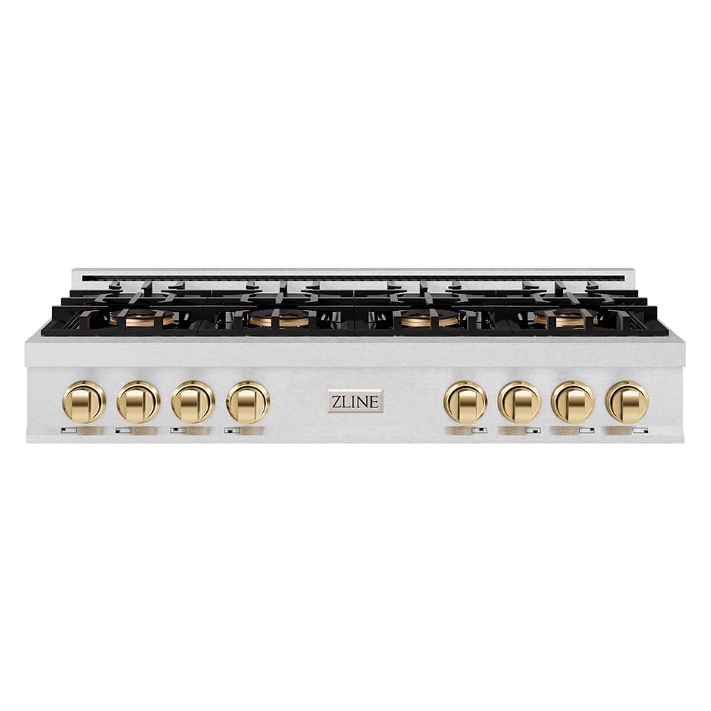 ZLINE Autograph Edition 48 in. Classic Gas Rangetop with 8 Burner DuoPro™ Cooktop in Satin Stainless Steel and Polished Gold Accents (PCRTSZ-48-G)