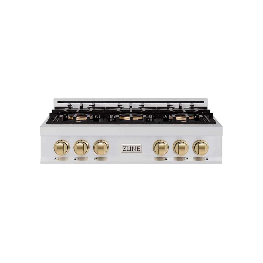 ZLINE Autograph Edition 36 in. Classic Gas Rangetop with 6 Burner DuoPro™ Cooktop in Stainless Steel and Champagne Bronze Accents (PCRTZ-36-CB)