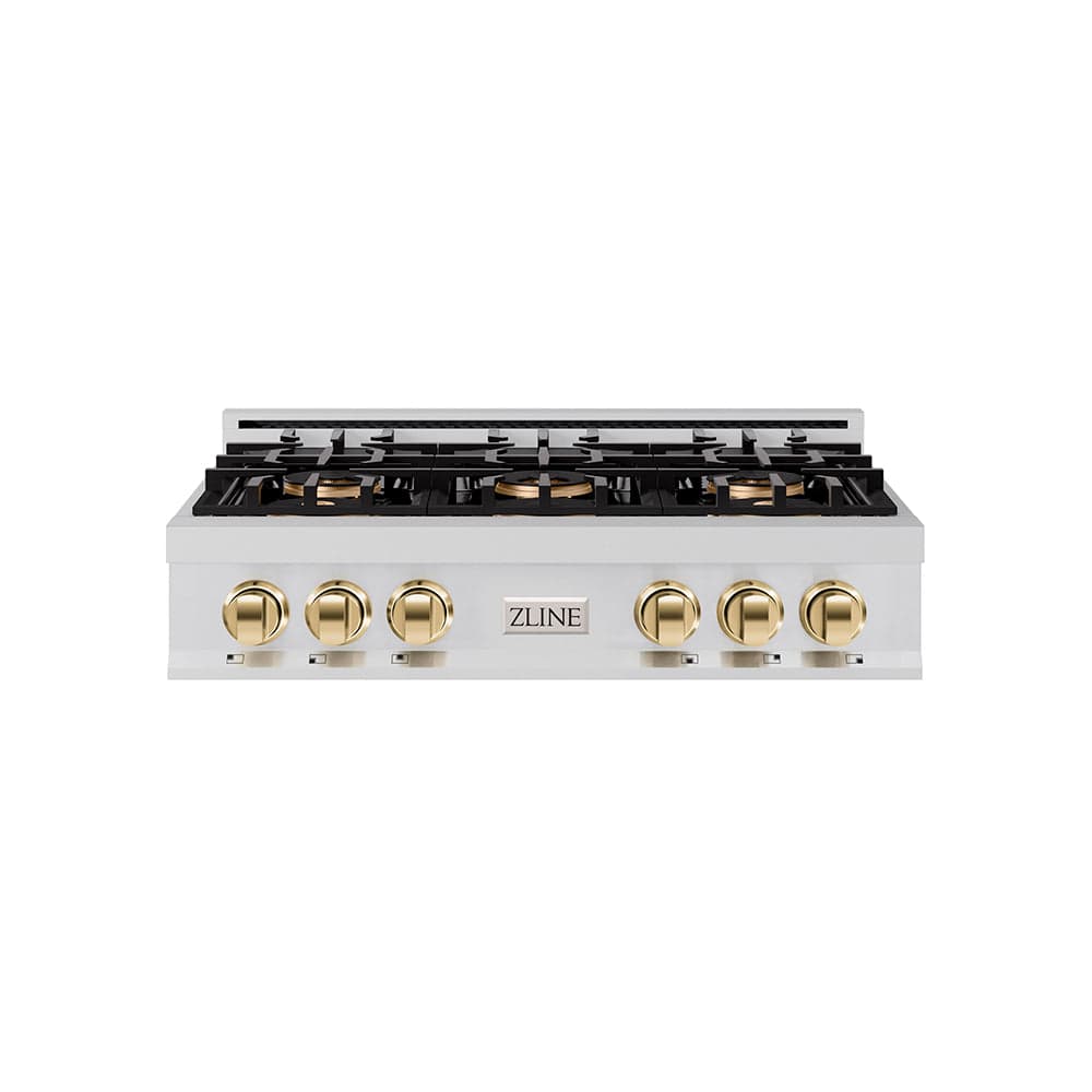 ZLINE Autograph Edition 36 in. Classic Gas Rangetop with 6 Burner DuoPro™ Cooktop in Stainless Steel and Polished Gold Accents (PCRTZ-36-G)