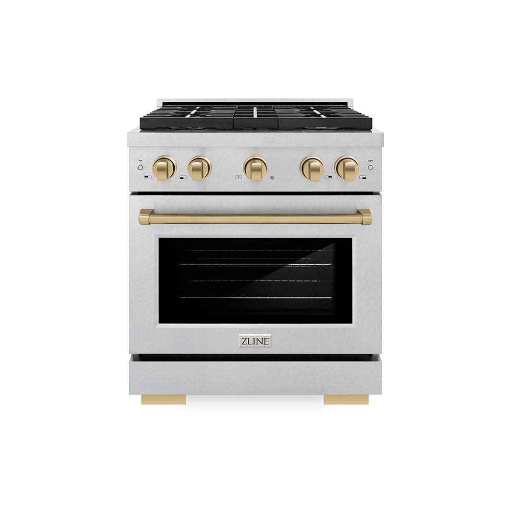 ZLINE Autograph Edition 30 in. 4.2 cu. ft. Paramount Dual Fuel Range with 4 Burner DuoPro™ Cooktop and Electric Convection Oven in Satin Stainless Steel and Champagne Bronze Accents (PSDRSZ-30-CB)