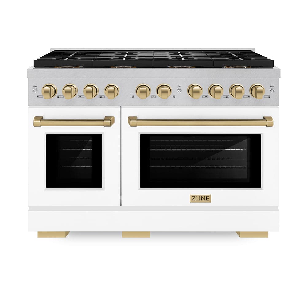 ZLINE Autograph Edition 48 in. 6.7 cu. ft. Paramount Dual Fuel Range with 8 Burner DuoPro™ Cooktop and Dual Ovens in Satin Stainless Steel with White Matte Doors and Champagne Bronze Accents (PSDRSZ-WM-48-CB)