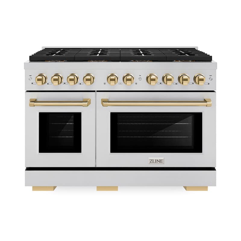 ZLINE Autograph Edition 48 in. 6.7 cu. ft. Paramount Dual Fuel Range with 8 Burner DuoPro™ Cooktop and Dual Ovens in Stainless Steel and Polished Gold Accents (PSDRZ-48-G)