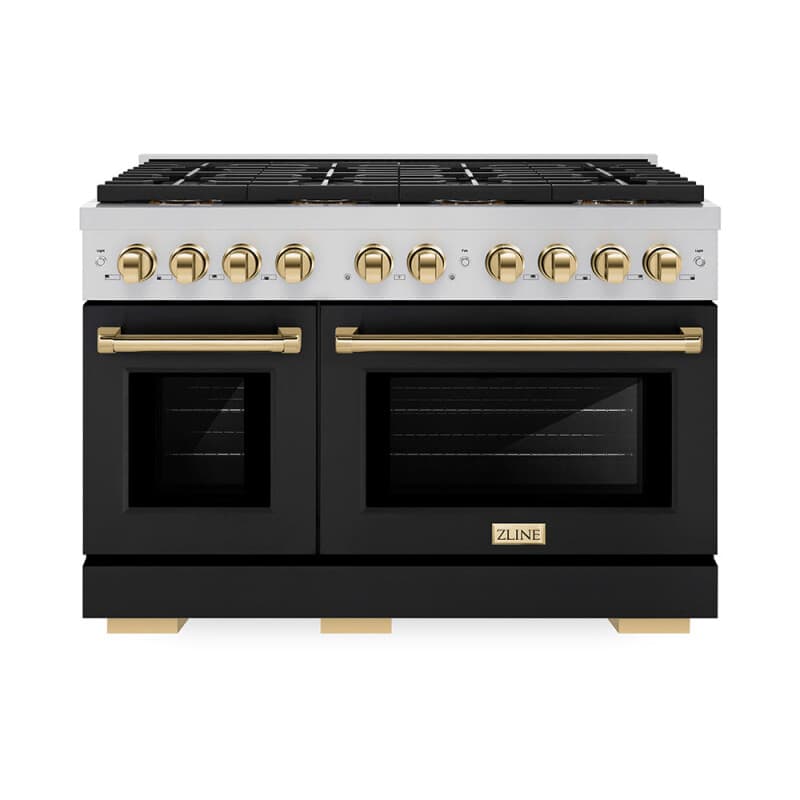 ZLINE Autograph Edition 48 in. 6.7 cu. ft. Paramount Dual Fuel Range with 8 Burner DuoPro™ Cooktop and Dual Ovens with Black Matte Doors and Polished Gold Accents (PSDRZ-BLM-48-G)
