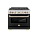 ZLINE Autograph Edition 36 in. 5.2 cu. ft. Paramount Gas Range with 6 Burner DuoPro™ Cooktop and Convection Gas Oven in Satin Stainless Steel with Black Matte Door and Polished Gold Accents (PSGRSZ-BLM36-G) view 1