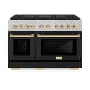 ZLINE Autograph Edition 48 in. 6.7 cu. ft. Paramount Gas Range with 8 Burner DuoPro™ Cooktop and Dual Ovens in Satin Stainless Steel with Black Matte Doors and Polished Gold Accents (PSGRSZ-BLM48-G) view 1