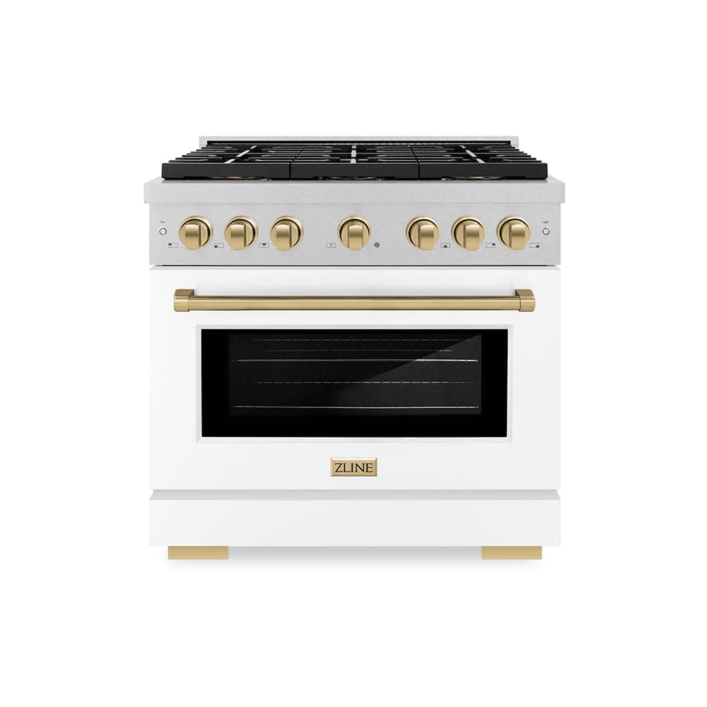 ZLINE Autograph Edition 36 in. 5.2 cu. ft. Paramount Gas Range with 6 Burner DuoPro™ Cooktop and Convection Gas Oven in Satin Stainless Steel with White Matte Door and Champagne Bronze Accents (PSGRSZ-WM-36-CB)
