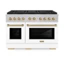 ZLINE Autograph Edition 48 in. 6.7 cu. ft. Paramount Gas Range with 8 Burner DuoPro™ Cooktop and Dual Ovens in Satin Stainless Steel with White Matte Doors and Champagne Bronze Accents (PSGRSZ-WM-48-CB) view 1