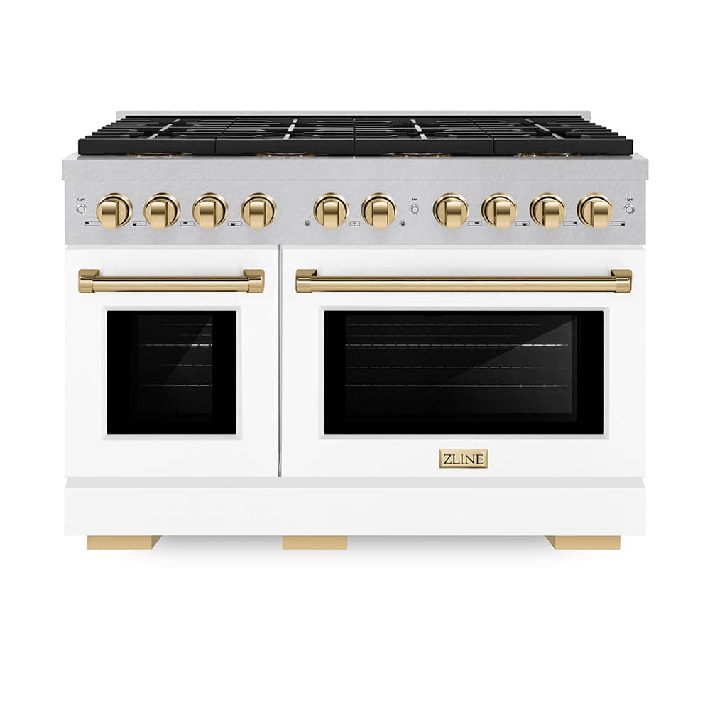 ZLINE Autograph Edition 48 in. 6.7 cu. ft. Paramount Gas Range with 8 Burner DuoPro™ Cooktop and Dual Ovens in Satin Stainless Steel with White Matte Doors and Polished Gold Accents (PSGRSZ-WM-48-G)
