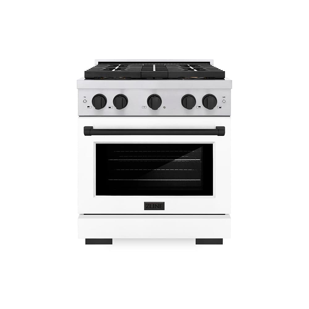 ZLINE Autograph Edition 30 in. 4.2 cu. ft. Paramount Gas Range with 4 Burner DuoPro™ Cooktop and Convection Gas Oven in Stainless Steel with White Matte Door and Matte Black Accents (PSGRZ-WM-30-MB)