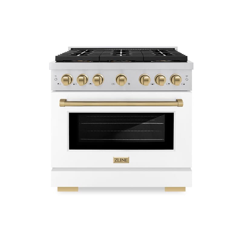 Autograph Edition 36 in. 5.2 cu. ft. Paramount Gas Range with 6 Burner DuoPro™ Cooktop and Convection Gas Oven with White Matte Door and Champagne Bronze Accents