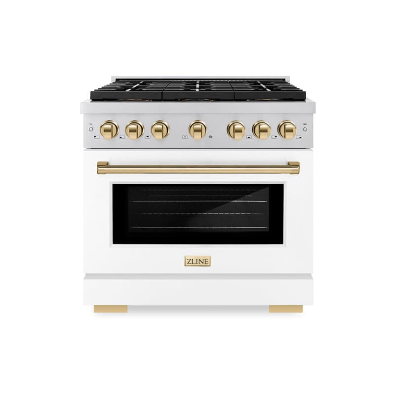 Autograph Edition 36 in. 5.2 cu. ft. Paramount Gas Range with 6 Burner DuoPro™ Cooktop and Convection Gas Oven with White Matte Door and Polished Gold Accents