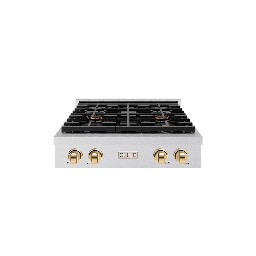 ZLINE Autograph Edition 30 in. Paramount Gas Rangetop with 4 Burner DuoPro™ Cooktop in Satin Stainless Steel and Polished Gold Accents (PSRTSZ-30-G)