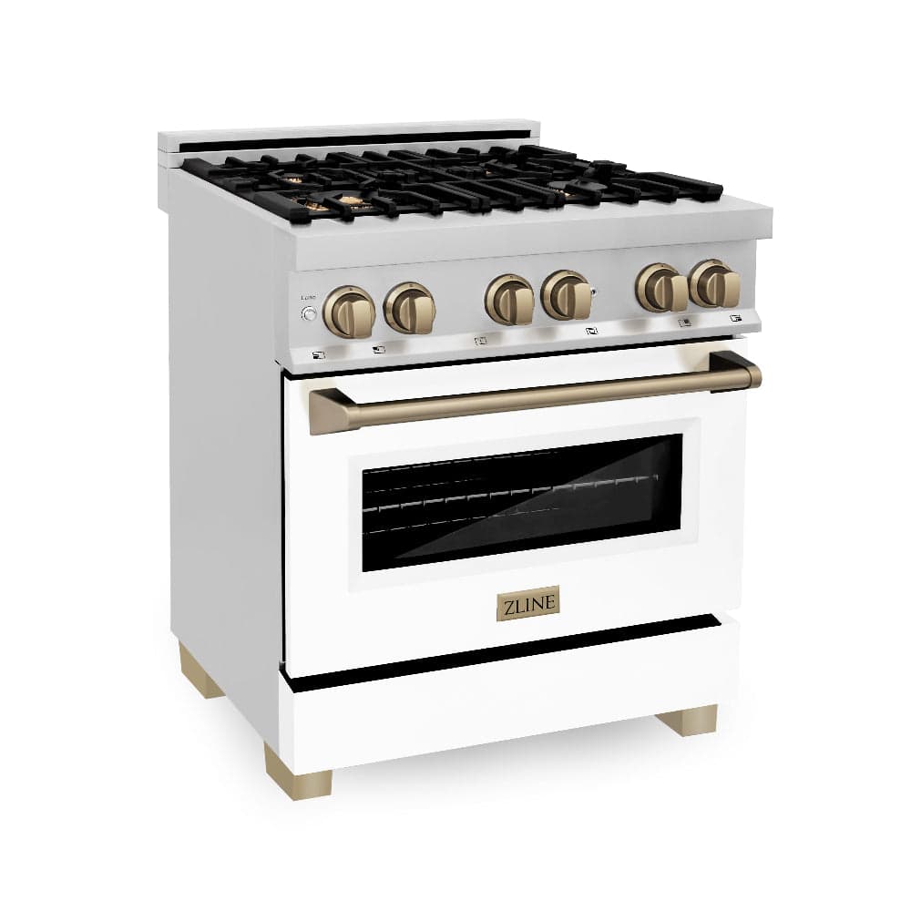 Autograph Edition 30" 4.0 cu. ft. Dual Fuel Range with Gas Stove and Electric Oven with White Matte Door and Champagne Bronze Accents
