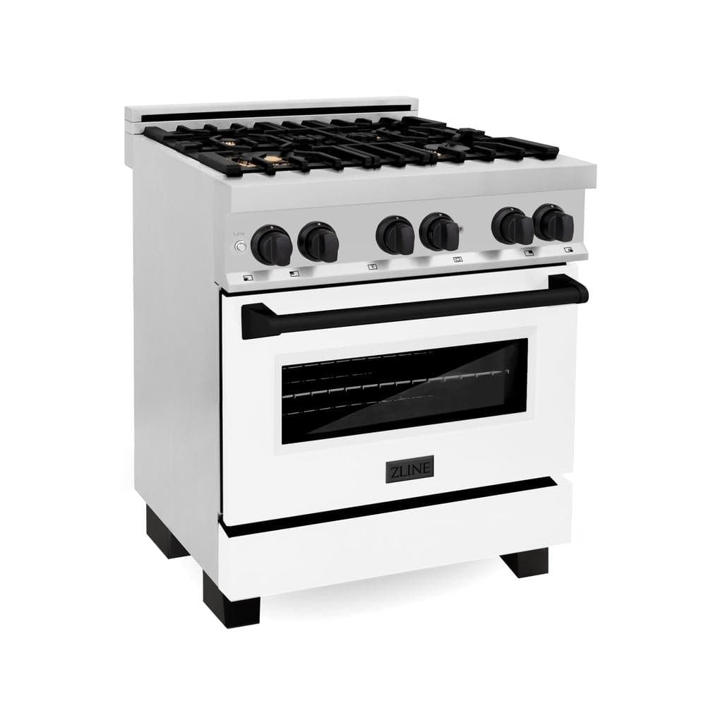30" 4.0 cu. ft. Dual Fuel Range with Gas Stove and Electric Oven with White Matte Door and Matte Black Accents