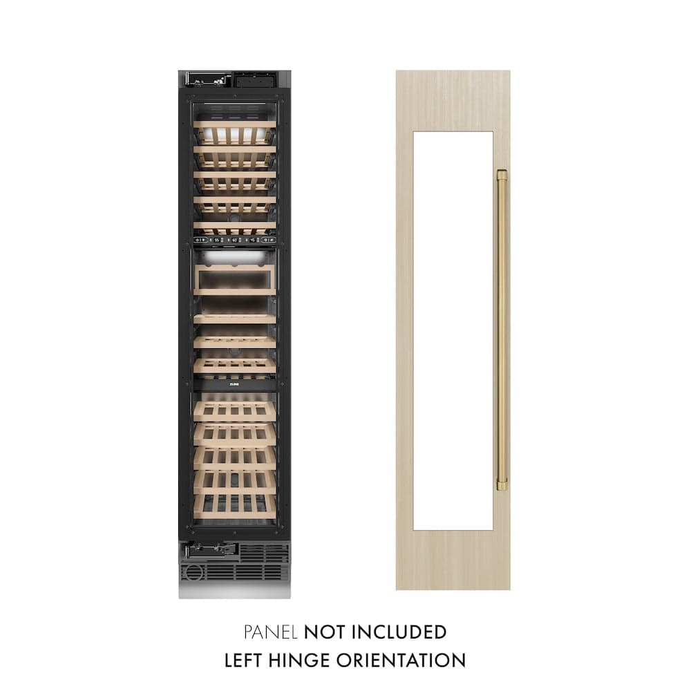 ZLINE Autograph Edition 18 in. 9.0 cu. ft. Triple Zone 68 Bottle Panel Ready Left Hinge Column Wine Cooler with Champagne Bronze Accents (RBCWVLZ-18-CB)